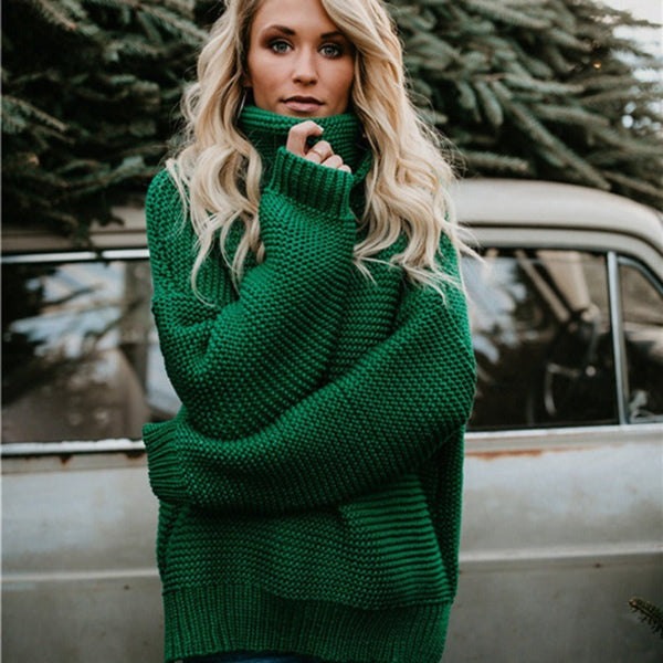 Women's chunky wool blend turtleneck sweater relaxed fit cozy knit everyday style