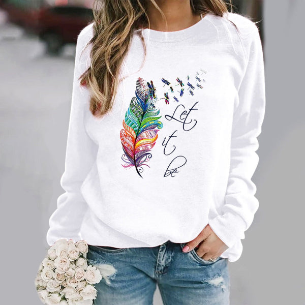 Women's relaxed fit cotton blend crew neck sweatshirt with subtle feather print long sleeve design