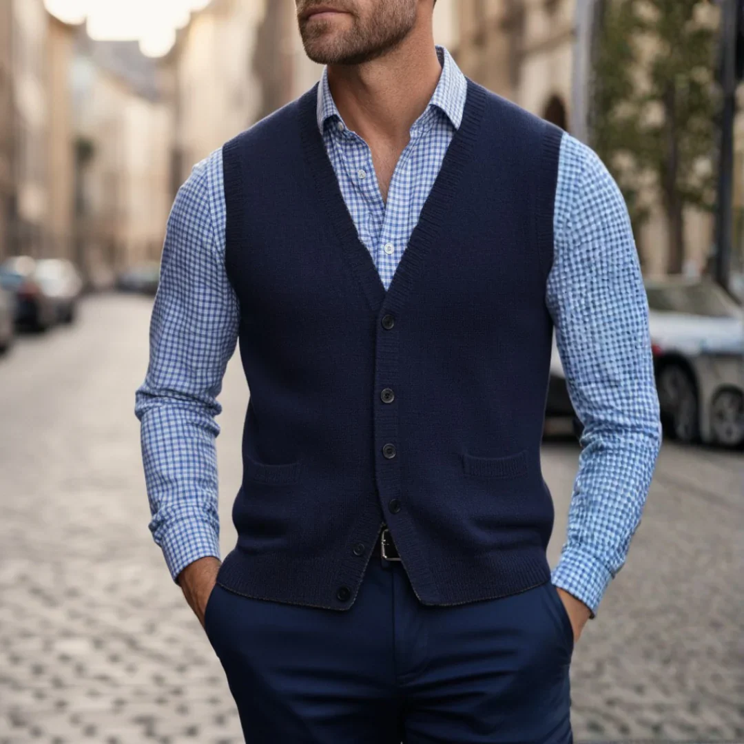Men's classic V-neck knit vest with buttons, soft comfortable workwear layer for versatile office style