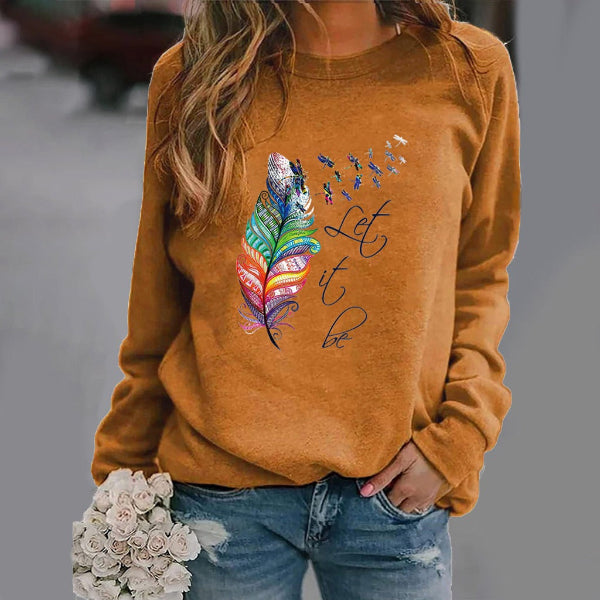 Women's relaxed fit crew neck sweatshirt with feather print and text graphic detail