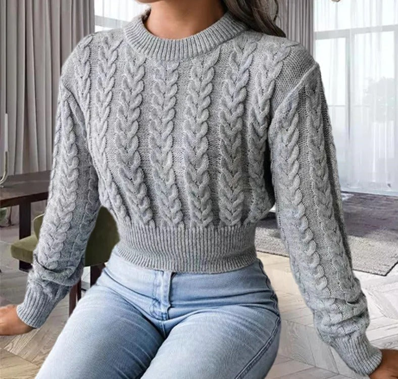 Women's cable knit sweater wool-like ribbed round neck regular fit cozy classic pullover