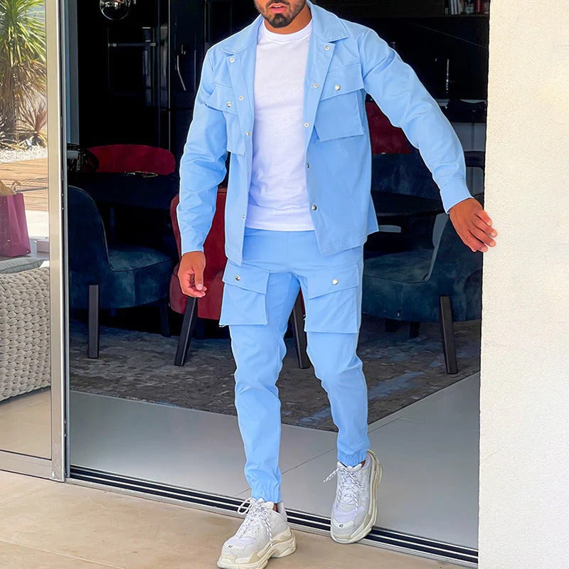 Men's cotton blend two-piece set with relaxed jacket and slim tapered joggers in coordinated style