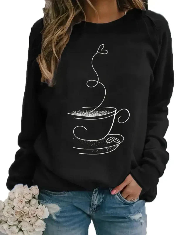 Women's relaxed fit crew neck sweatshirt cotton blend with coffee cup graphic casual style