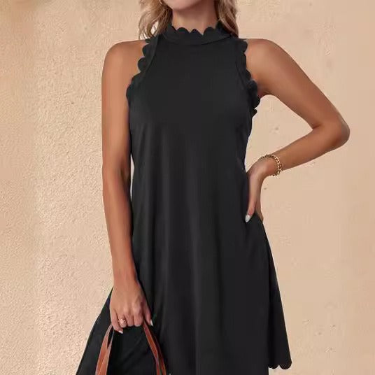 Women's A-line mini dress sleeveless soft cotton scalloped hem, effortless summer style essential