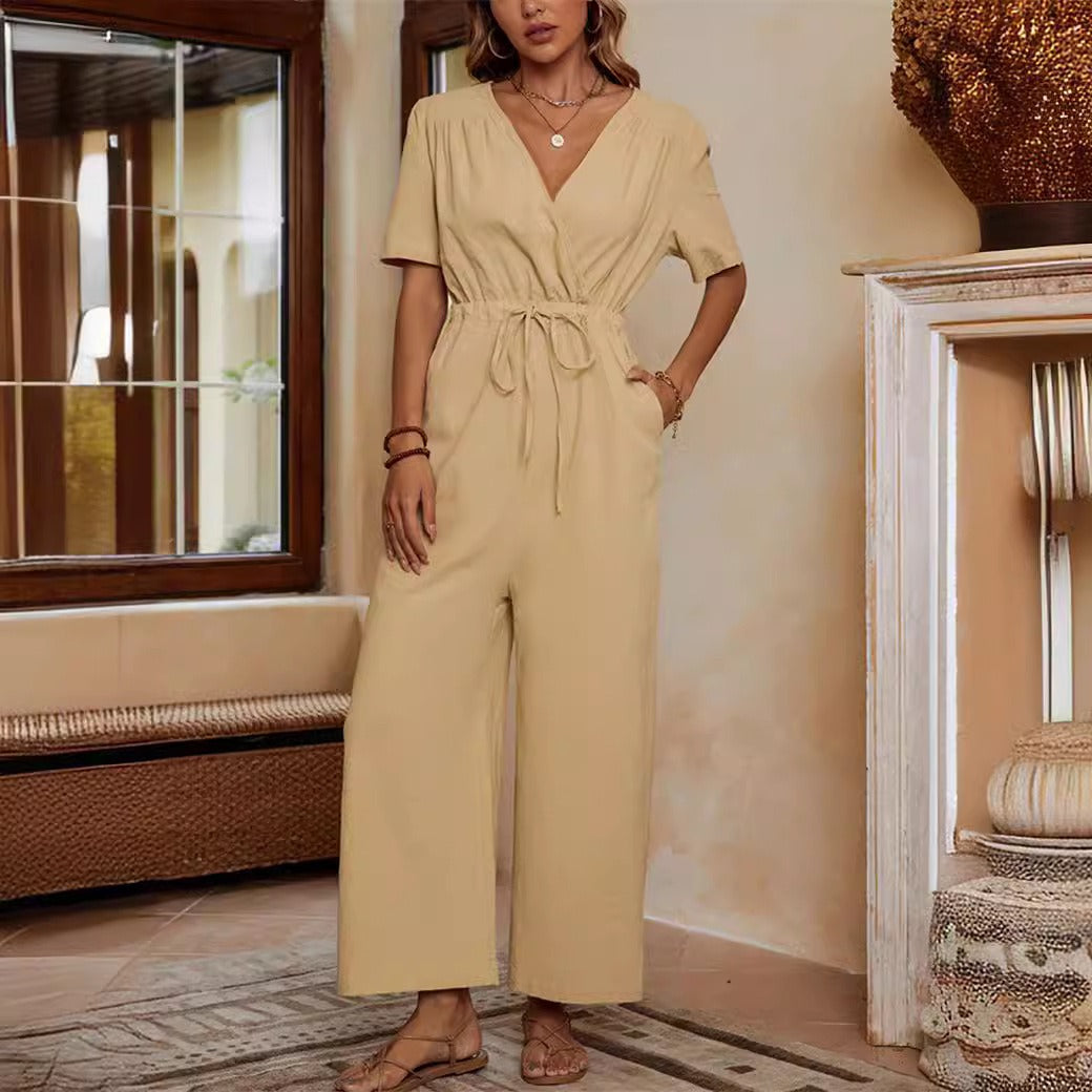 Women's relaxed-fit jumpsuit with tie belt, side pockets, casual everyday one-piece style