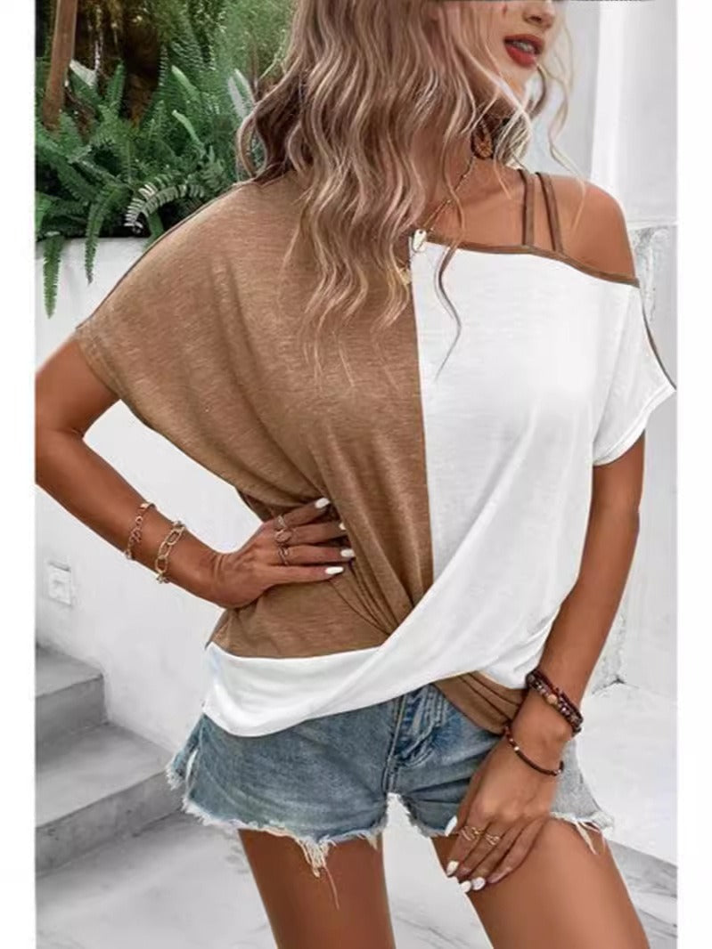 Women's colorblock off-shoulder relaxed fit lightweight breathable casual T-shirt top everyday wear