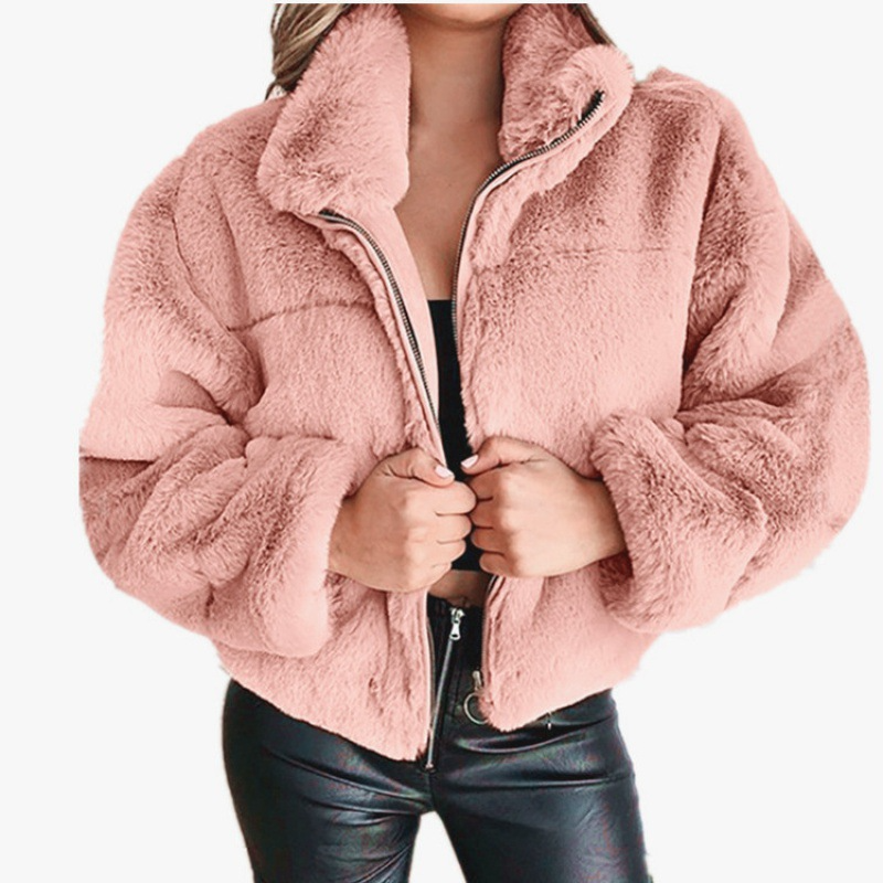 Women's cropped oversized faux fur coat plush texture zip-front closure chic everyday warmth
