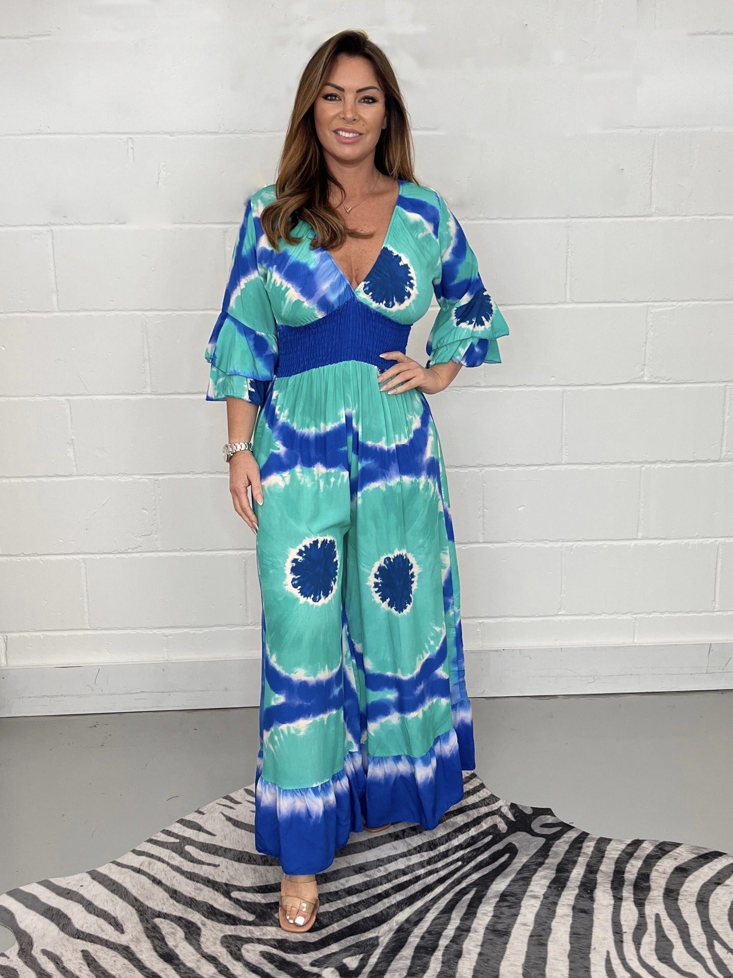 Tie-dye women's jumpsuit relaxed fit V-neck bell sleeves flared leg boho style
