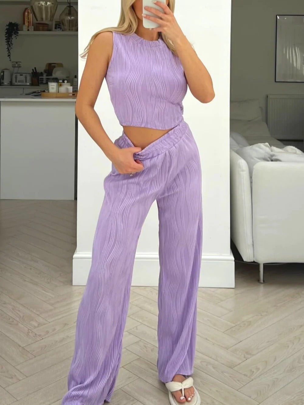 Women's ribbed two-piece set sleeveless crop top high-waisted wide pants coordinated casual outfit