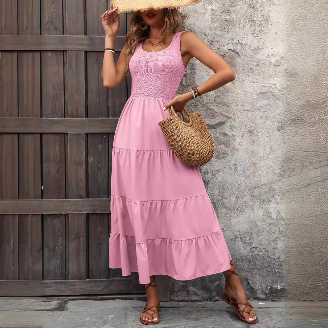 Women's midi dress smocked bodice tiered pleated skirt A-line silhouette warm-weather flowy style