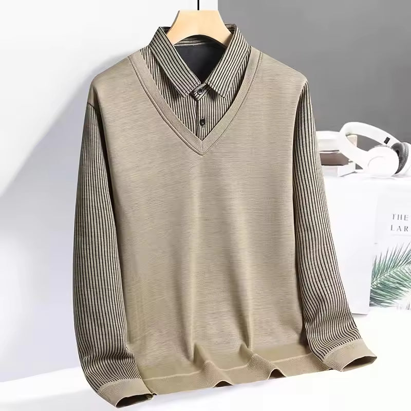 Men's navy blue knit polo sweatshirt long sleeve pullover with V-neck layered smart casual design