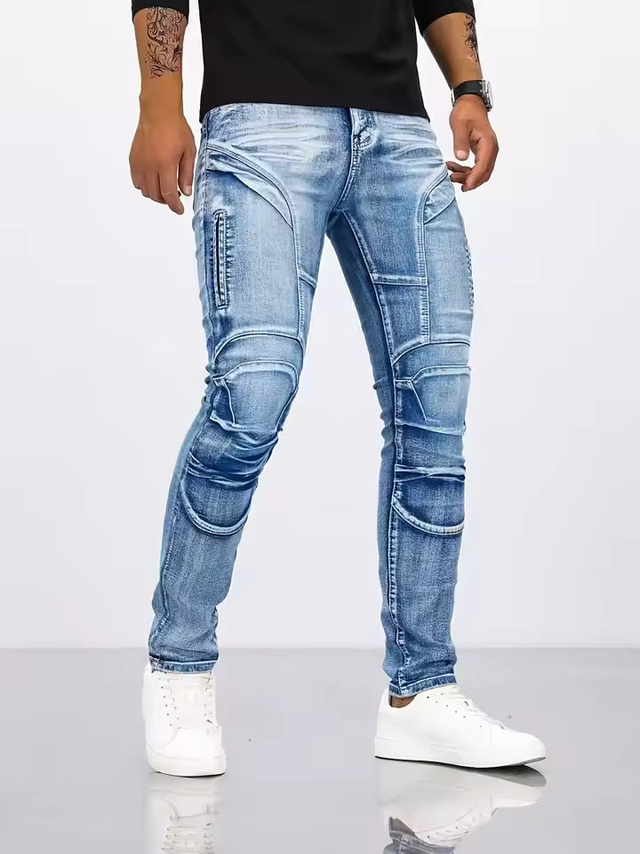 Men's slim fit distressed denim jeans in blue with articulated knees for enhanced mobility