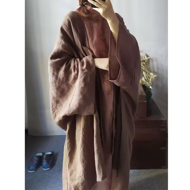 Women's Long Coat – Loose Fit – Open Front – Light Linen Blend – Casual Layering - Urbann-Vibe