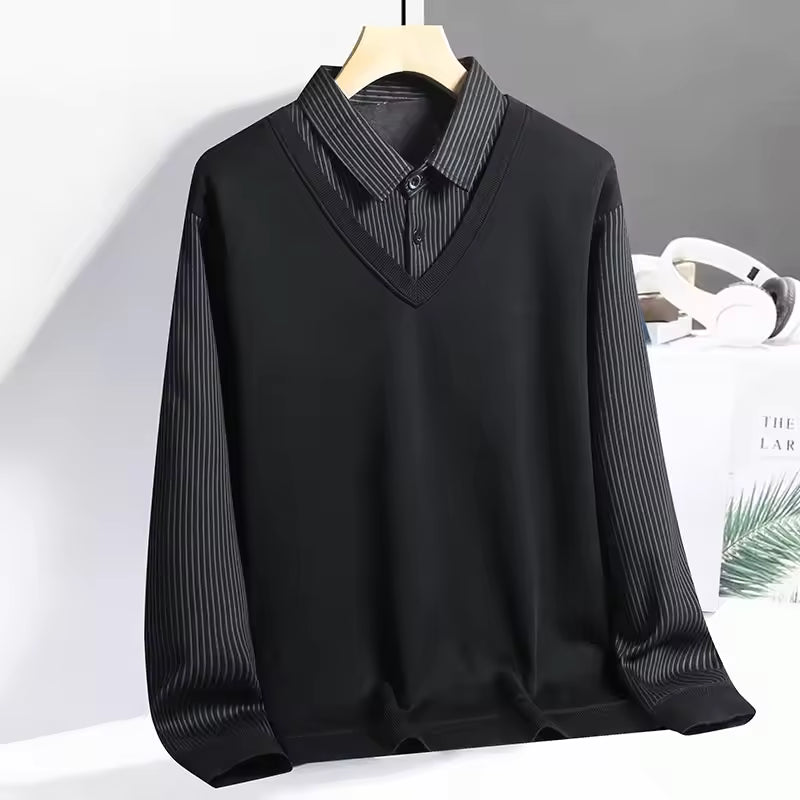 Men's navy blue polo knit sweatshirt long sleeve pullover with V-neck layered smart casual design