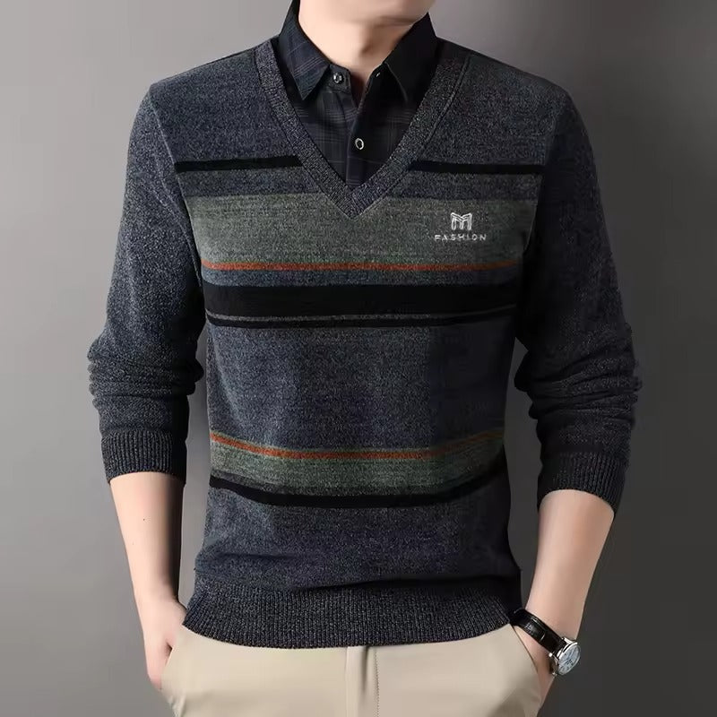 Men's fleece blend crew neck pullover sweater regular fit with striped knit hem, cozy casual style