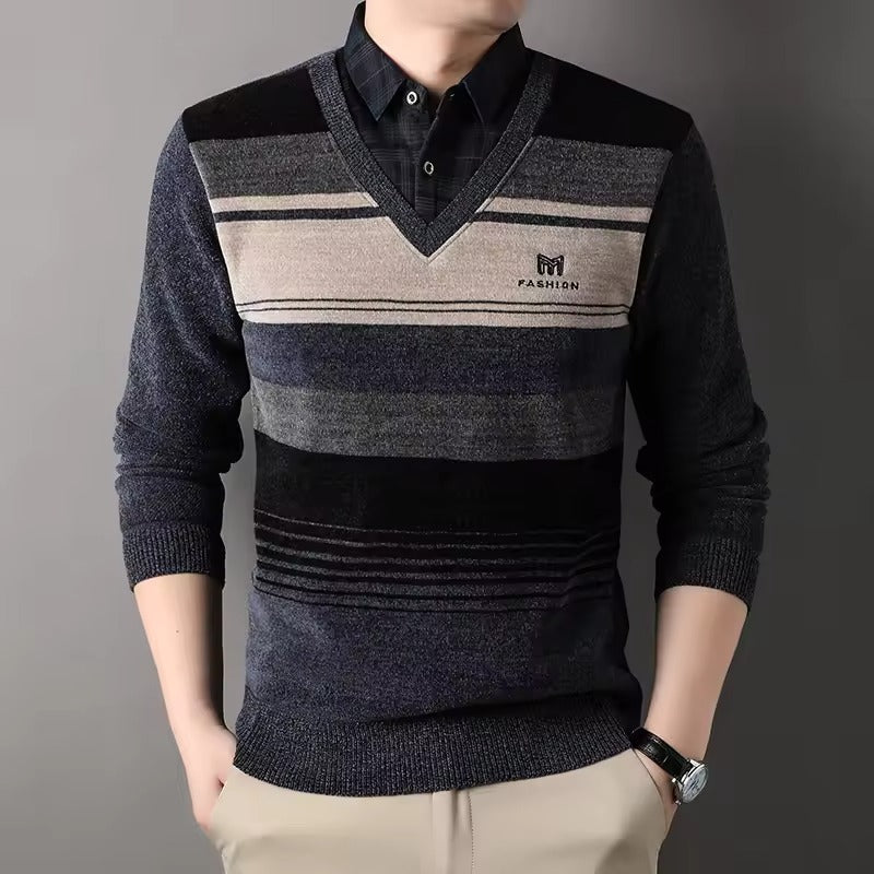 Men's fleece blend crew neck pullover sweater regular fit with striped knit hem, cozy casual style