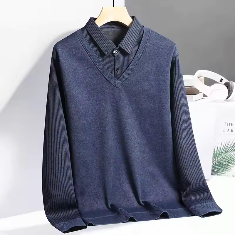 Men's navy blue knit polo sweatshirt long sleeve pullover with V-neck layered smart casual design