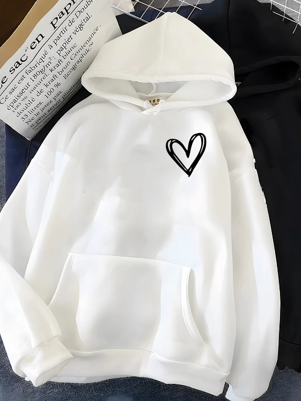 Women's relaxed-fit cotton blend hoodie with heart print and kangaroo pocket in casual style