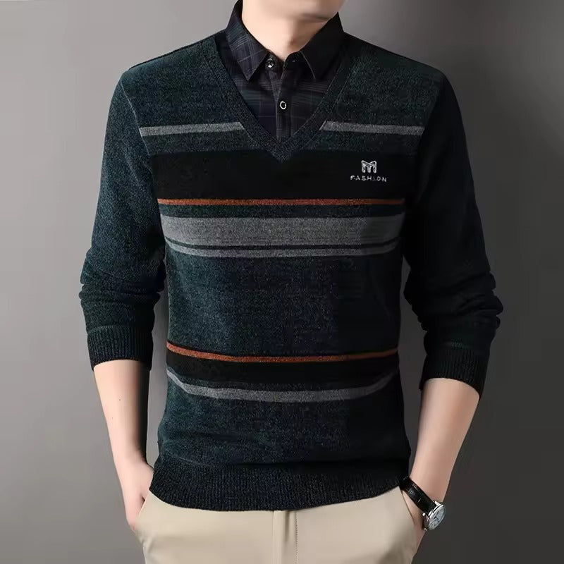 Men's fleece blend pullover sweater regular fit crew neck with striped knit hem cozy warmth