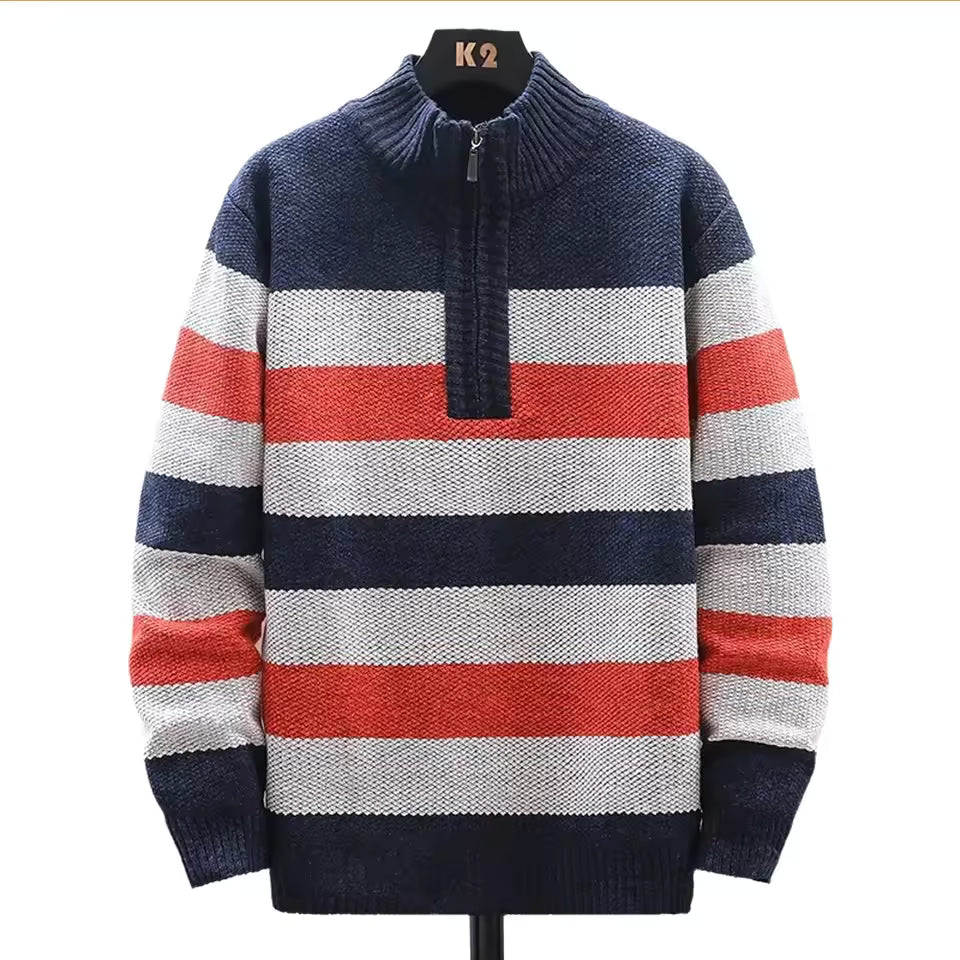 Men's fleece-lined wool knit quarter-zip pullover sweater, relaxed fit with ribbed detailing