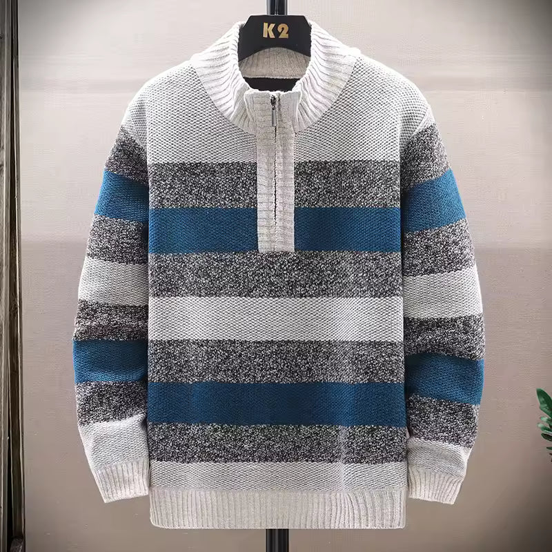 Men's fleece-lined wool knit quarter-zip pullover sweater, relaxed fit with ribbed detailing