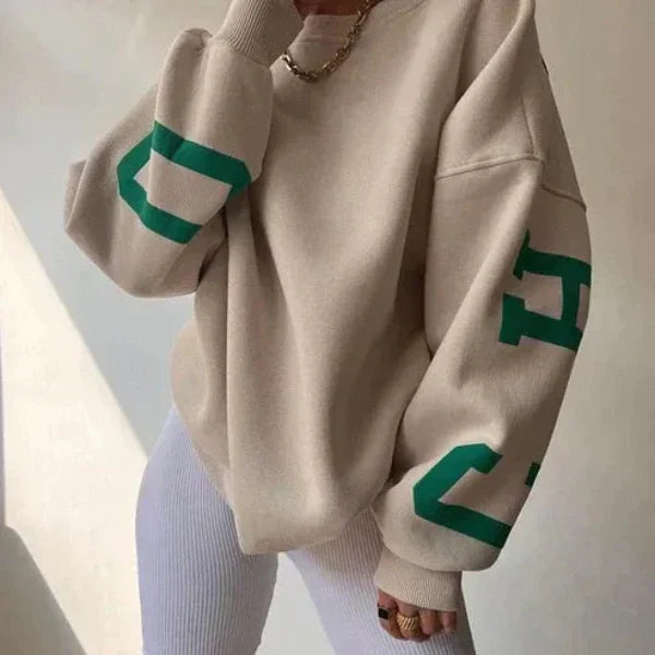 Women's oversized cotton blend sweatshirt with dropped shoulders and bold side print casual style