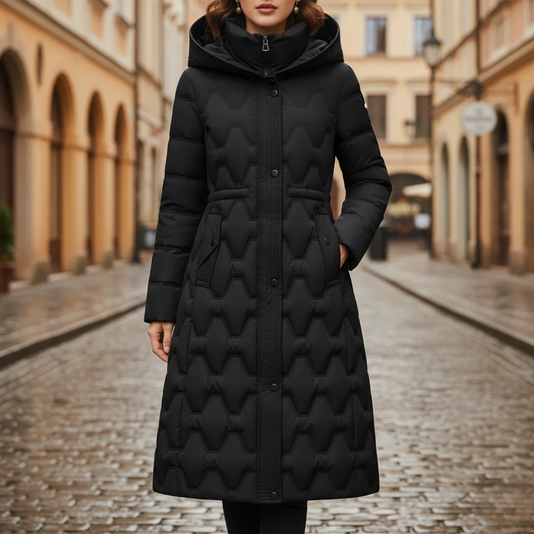 Women's long quilted coat with hood, feather-padded windproof outerwear in beige, black, brown or red