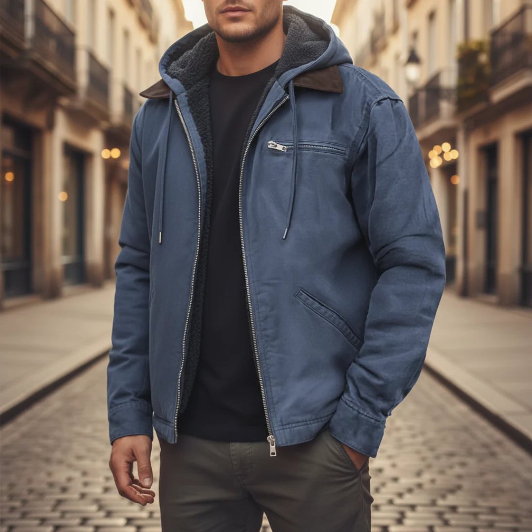 Men's blue hooded winter jacket durable polyester fleece-lined urban everyday style