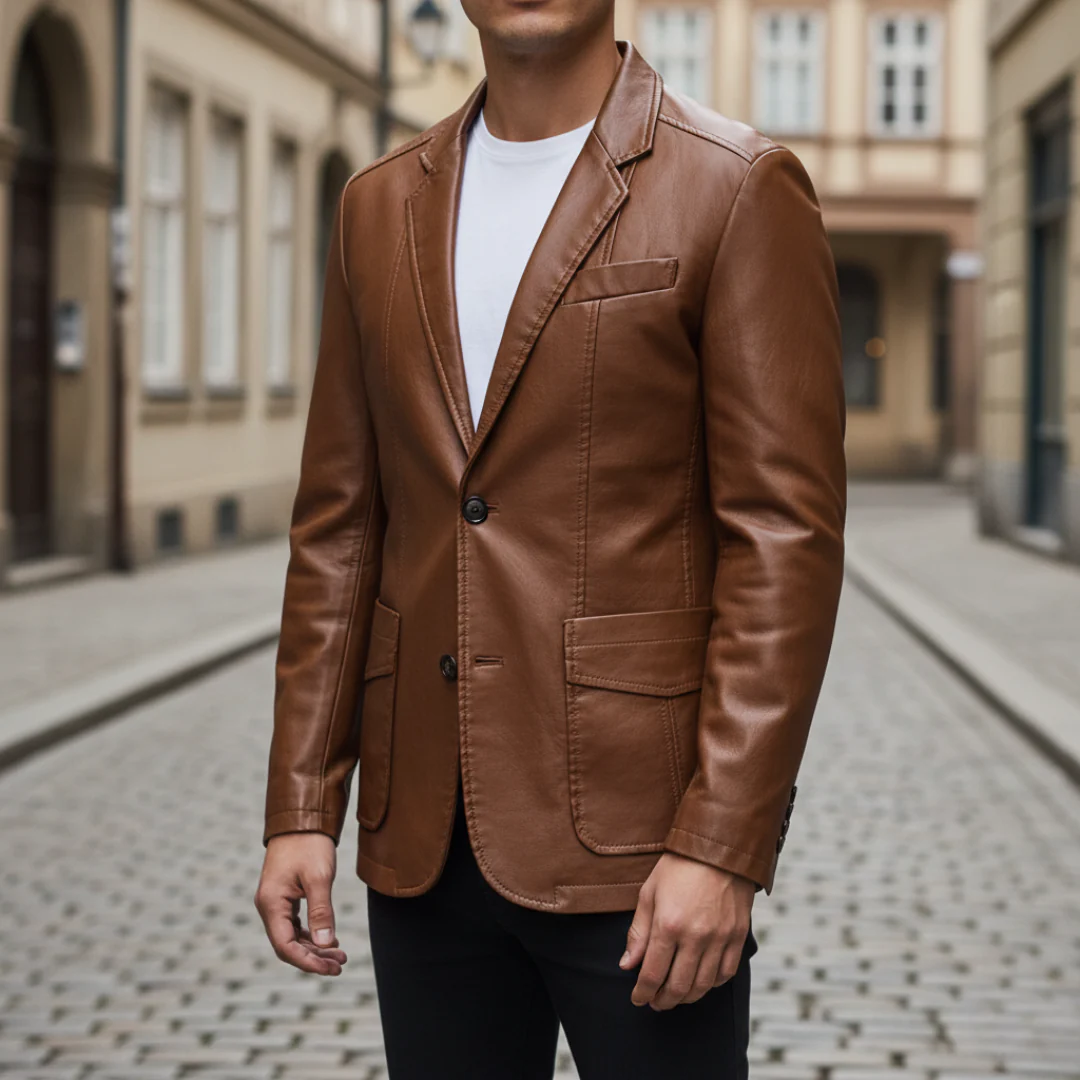 Men's black faux leather blazer structured shoulders classic fit two-button formal smart casual