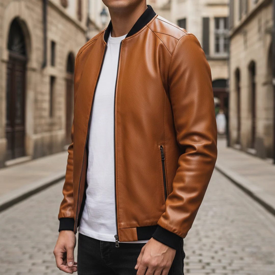 Men's black synthetic leather bomber jacket with zipper closure and elastic cuffs for everyday style