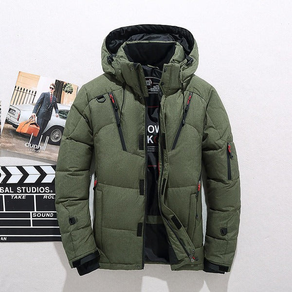 Men's black quilted down jacket hip-length cut adjustable hood zipper closure warm winter coat