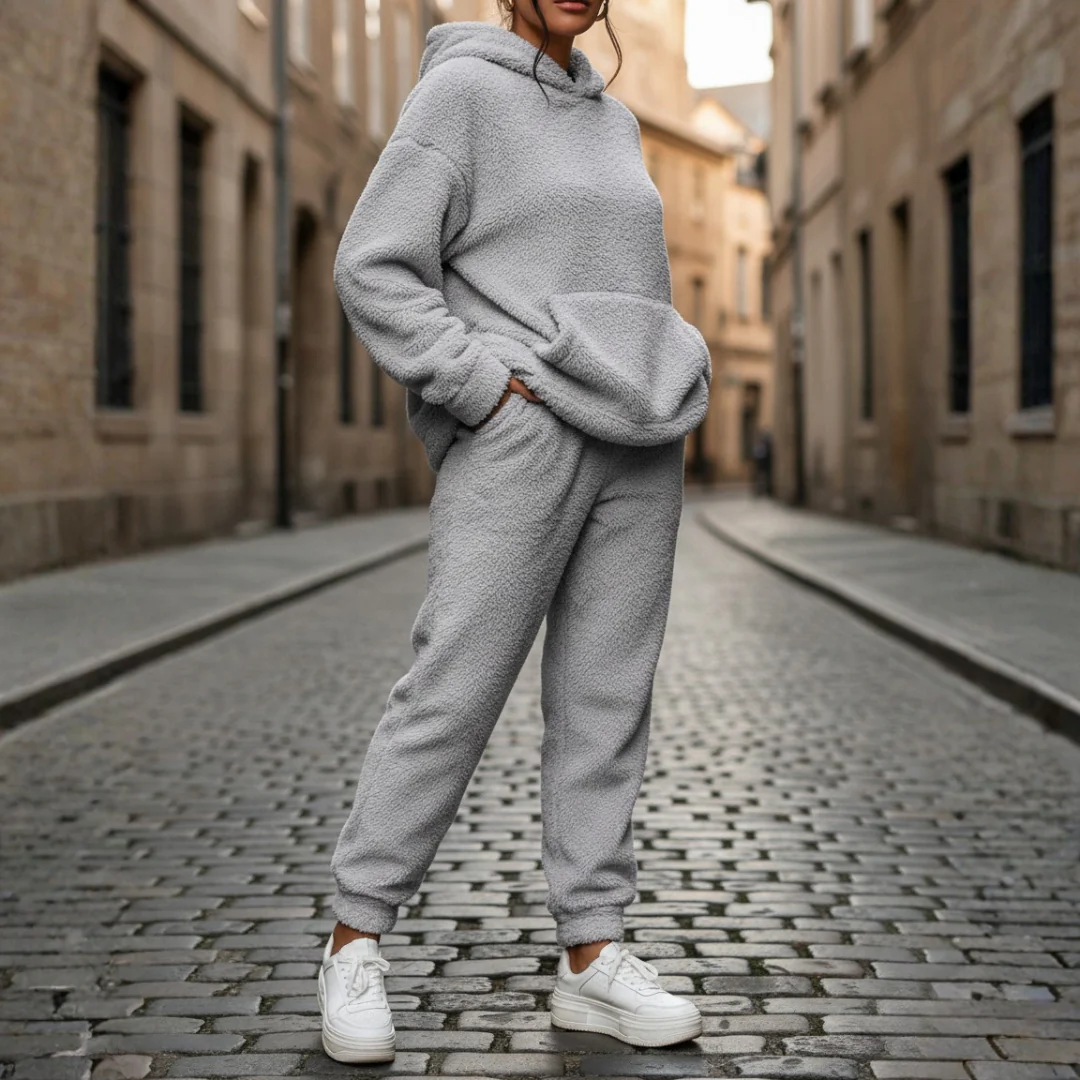 Women's gray fleece hoodie and pants lounge set with hood, cozy relaxed fit for home warmth