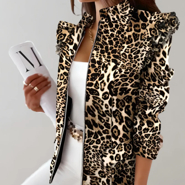 Women's tailored plaid jacket with ruffle shoulders, stand collar, hip-length structured fit