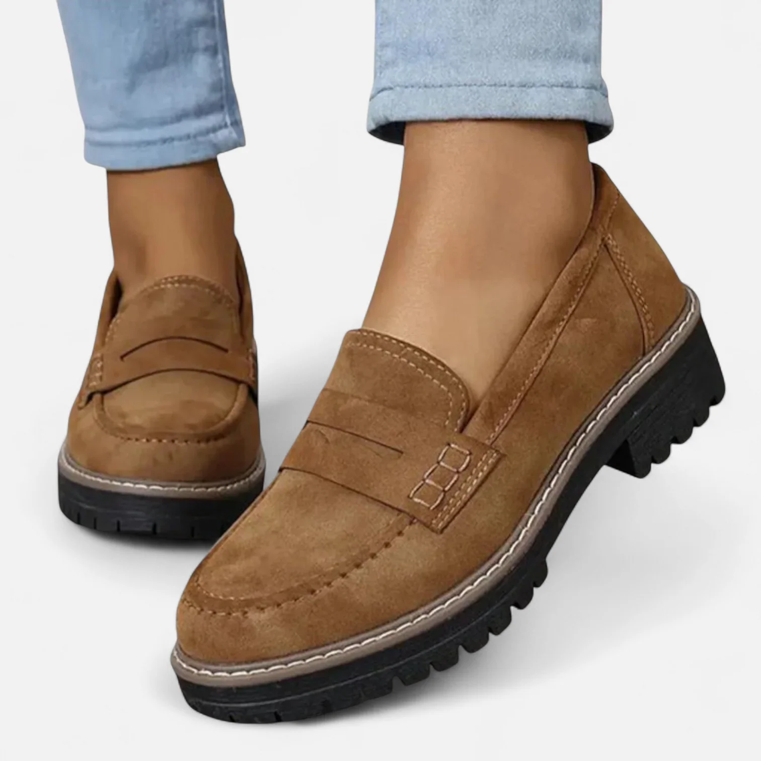 Men's brown chunky sole penny loafers slip-on style with lug sole for all-day comfort