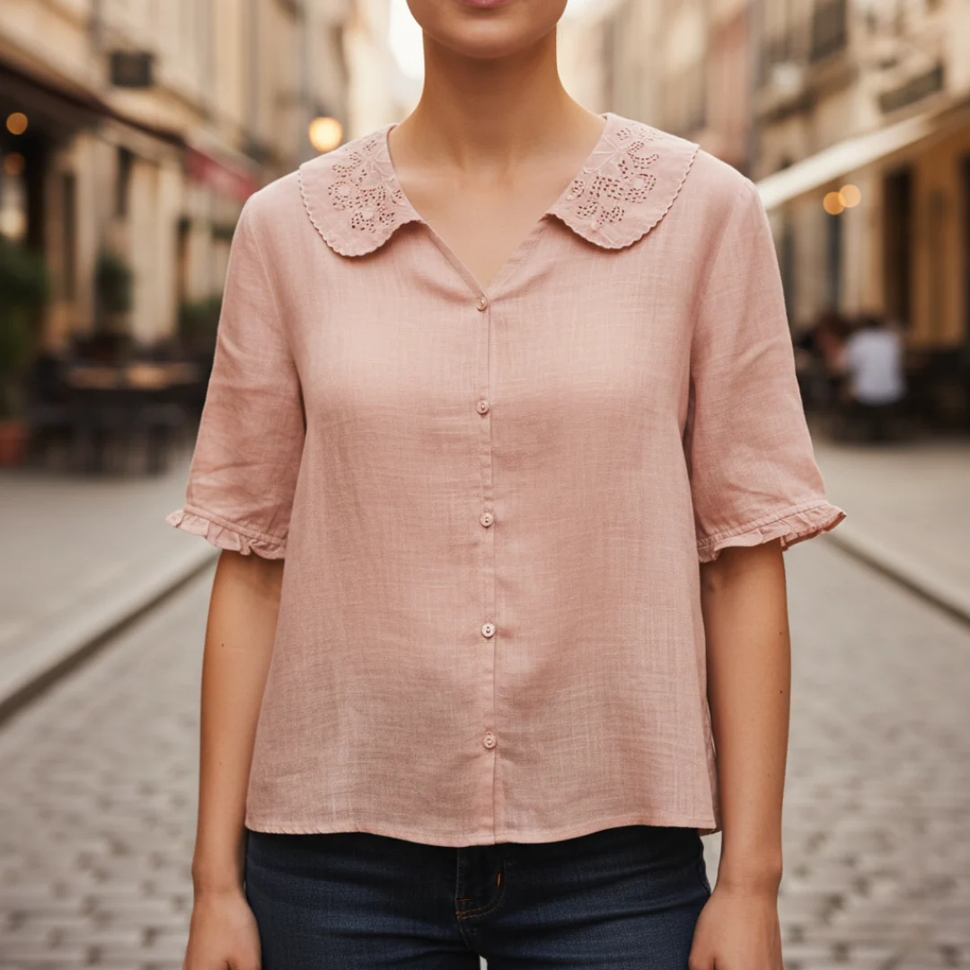 Women's light linen shirt loose fit classic collar short sleeves breathable summer top