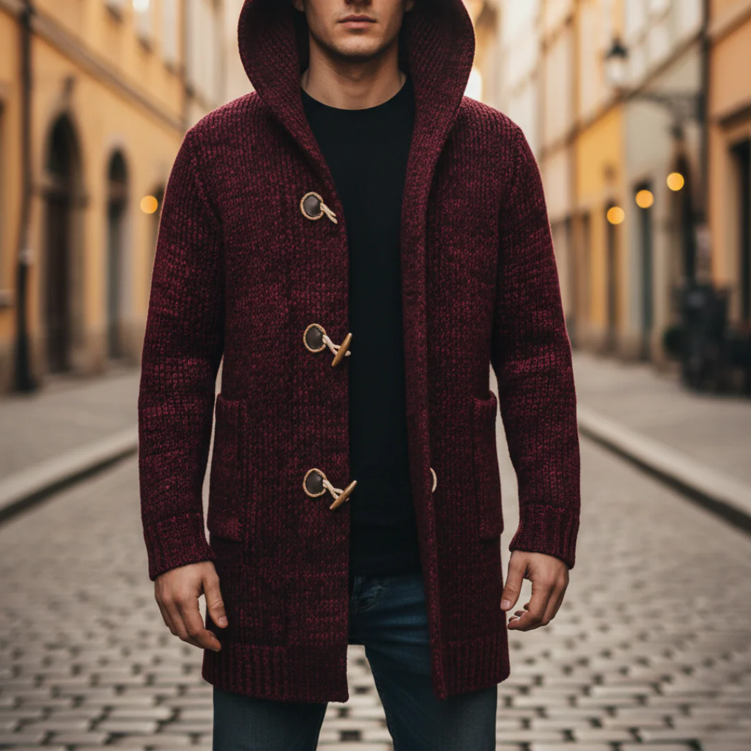 Men's thick knit hooded coat classic fit wooden buttons versatile formal casual outerwear