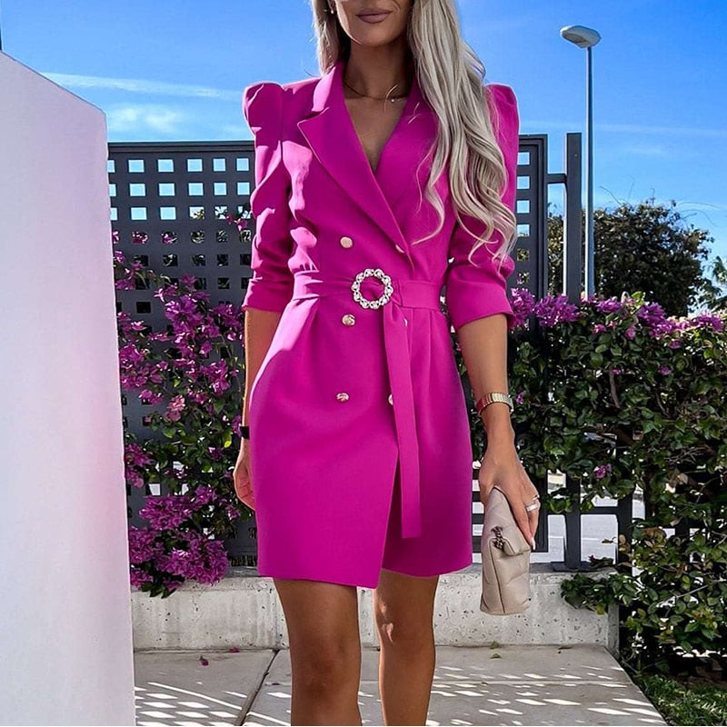 Women's belted blazer dress sharp lapels double-breasted silhouette versatile chic everyday style