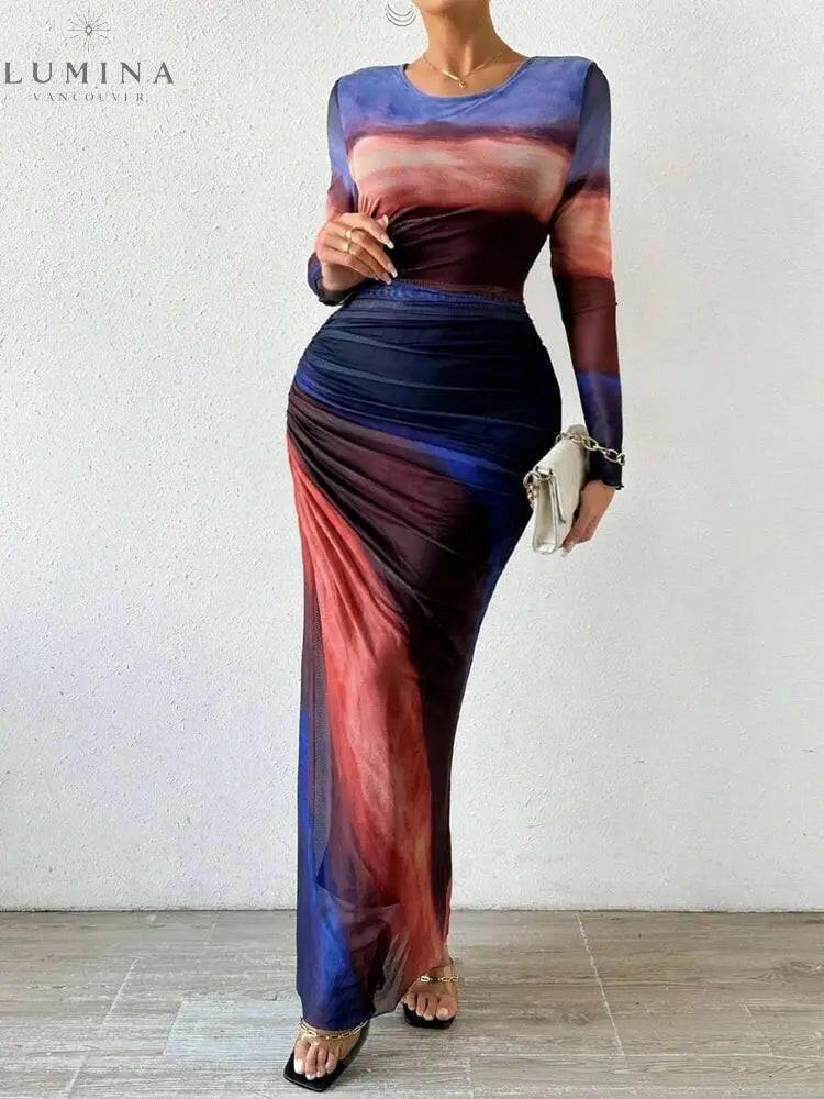 Inara Dream maxi dress gradient fiery print ruched body-hugging silhouette elegant evening wear