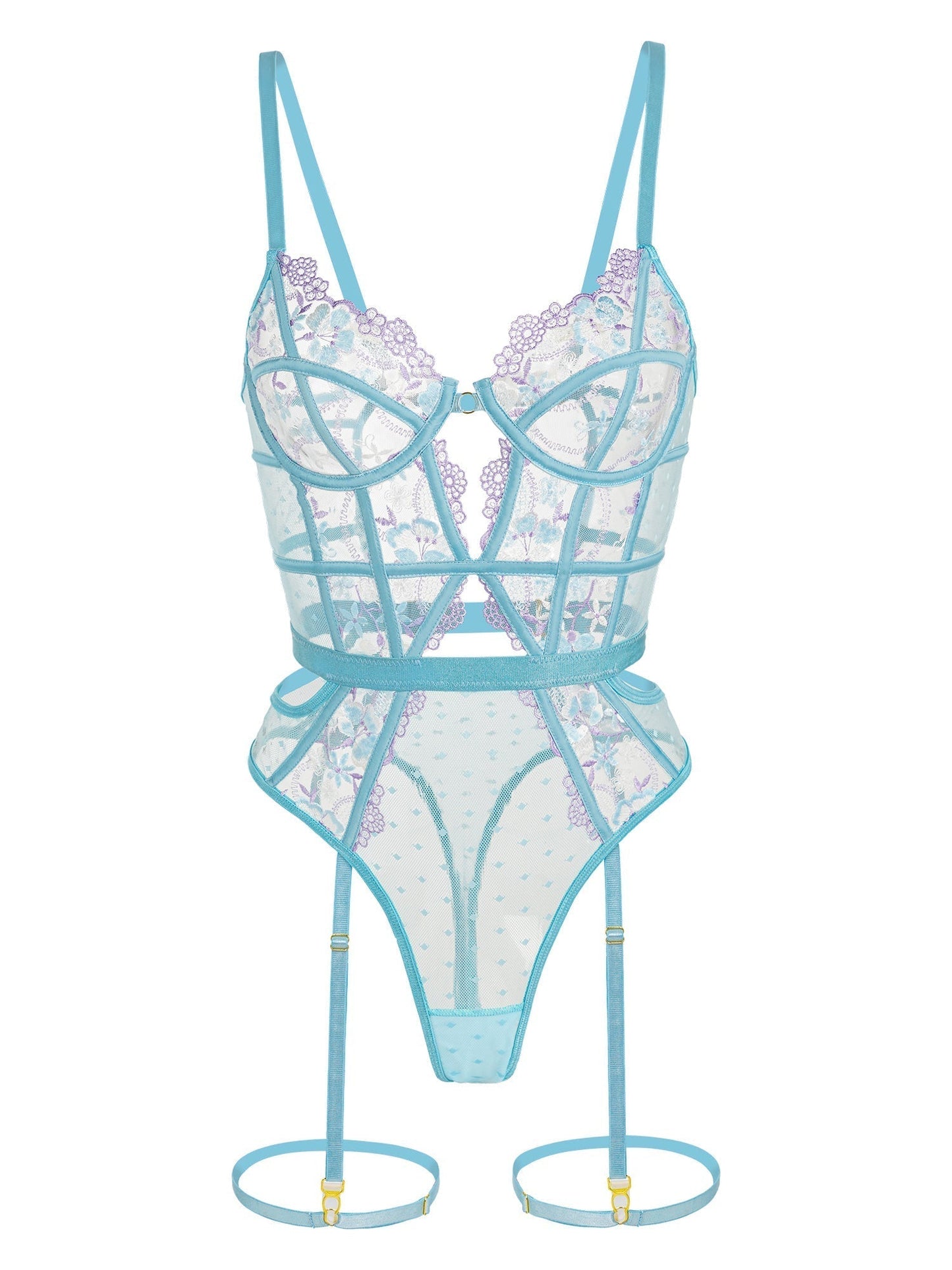 Indigo blue floral embroidered bodysuit, elegant French-inspired lingerie silhouette with delicate lace detailing