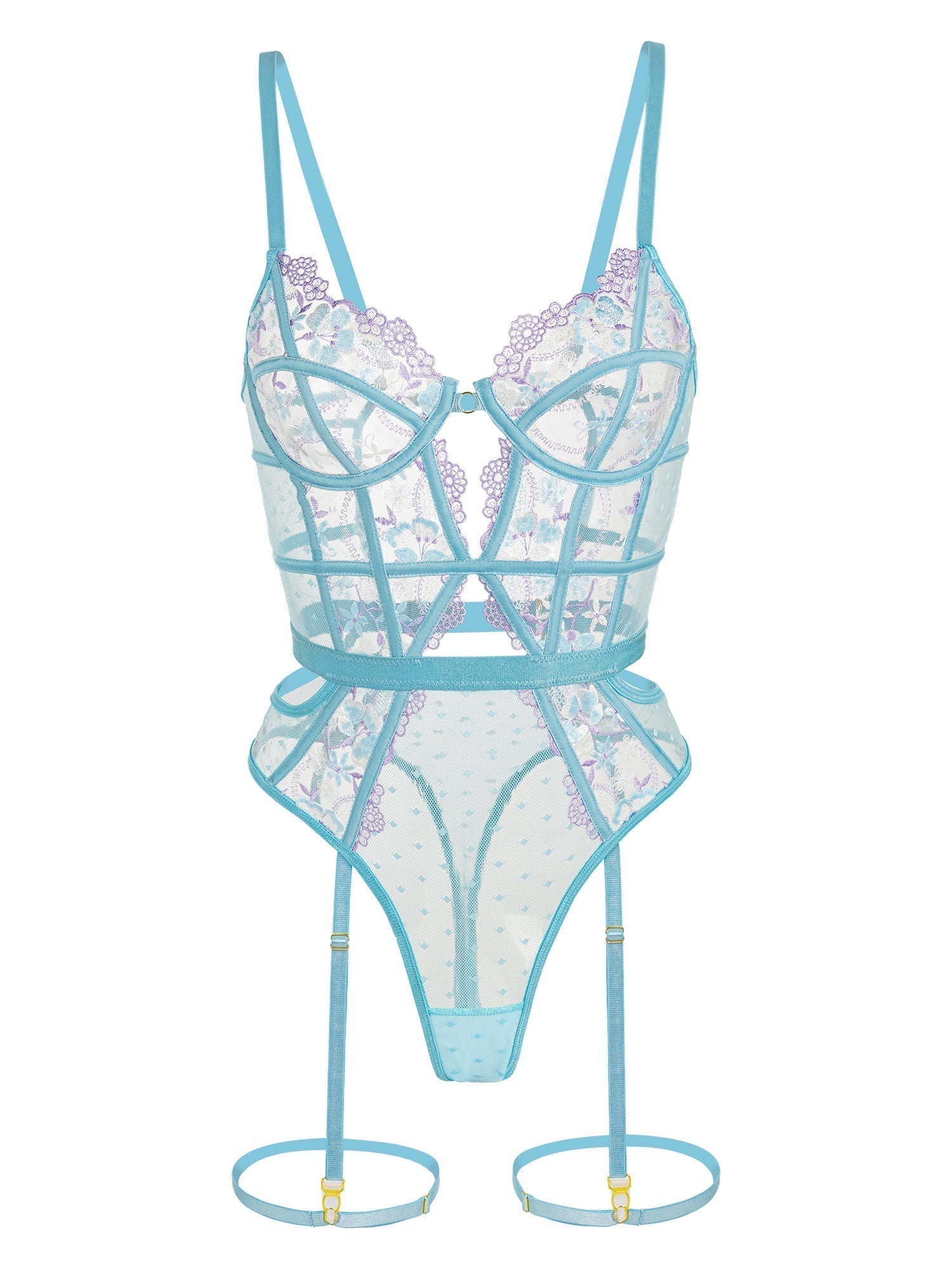 Indigo blue floral embroidered bodysuit, elegant French-inspired lingerie silhouette with delicate lace detailing