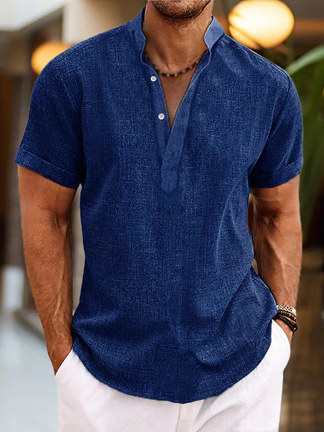 Men's light linen Henley collar short sleeve casual shirt breathable summer cotton blend