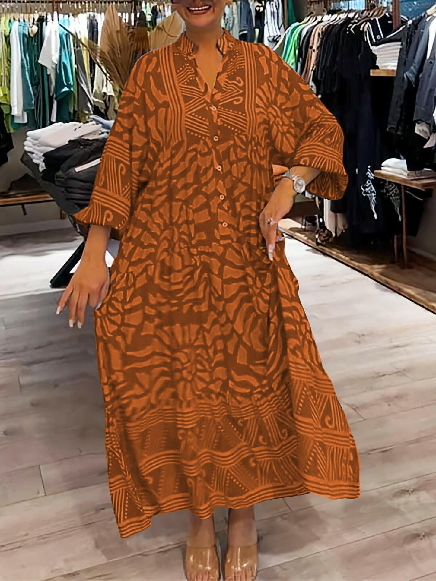 Women's vibrant printed maxi dress relaxed fit bold artistic pattern all-day comfort