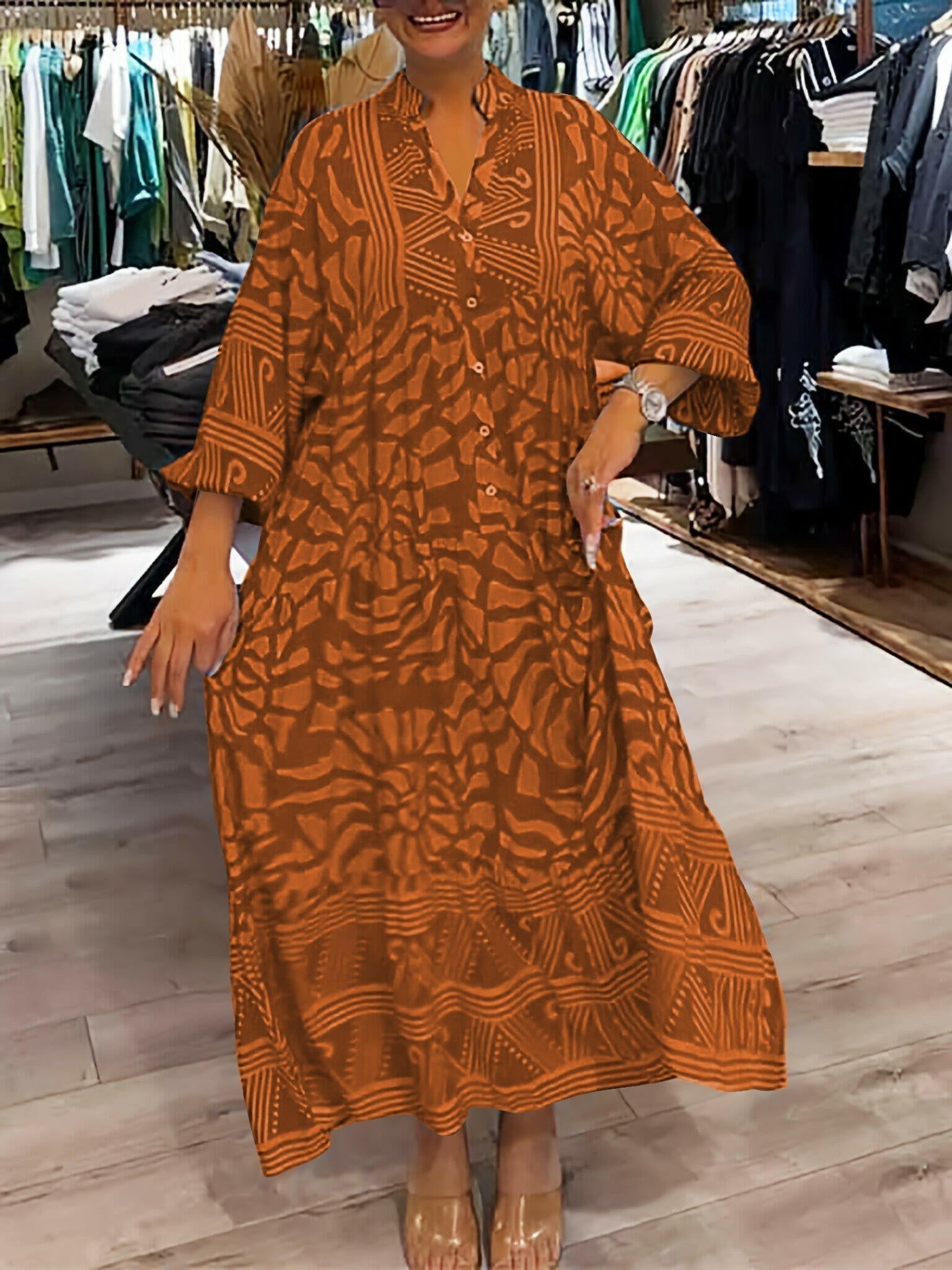 Women's vibrant printed maxi dress relaxed fit bold artistic pattern all-day comfort