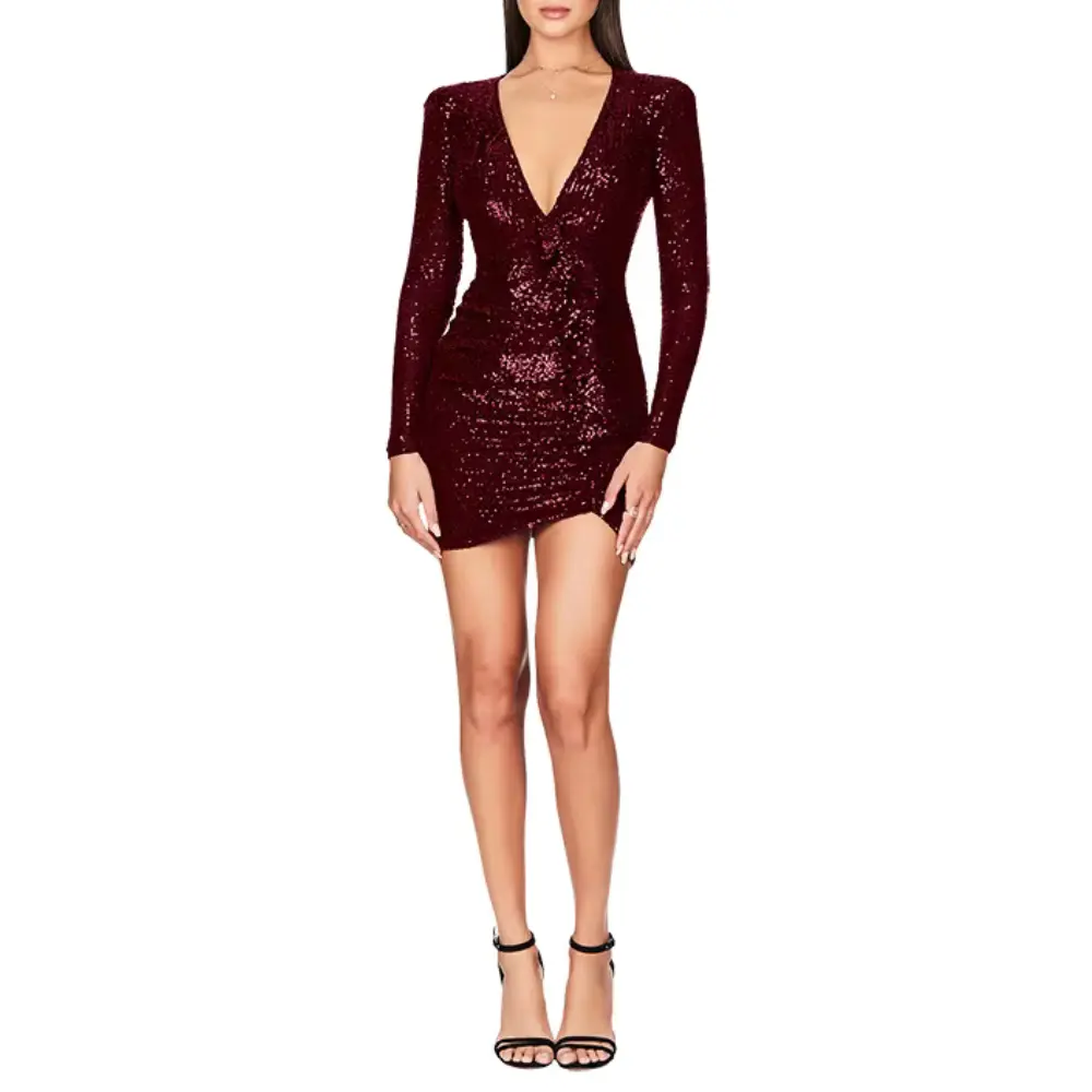 Women's silver sequin wrap party dress with deep V-neckline and flattering sparkle silhouette