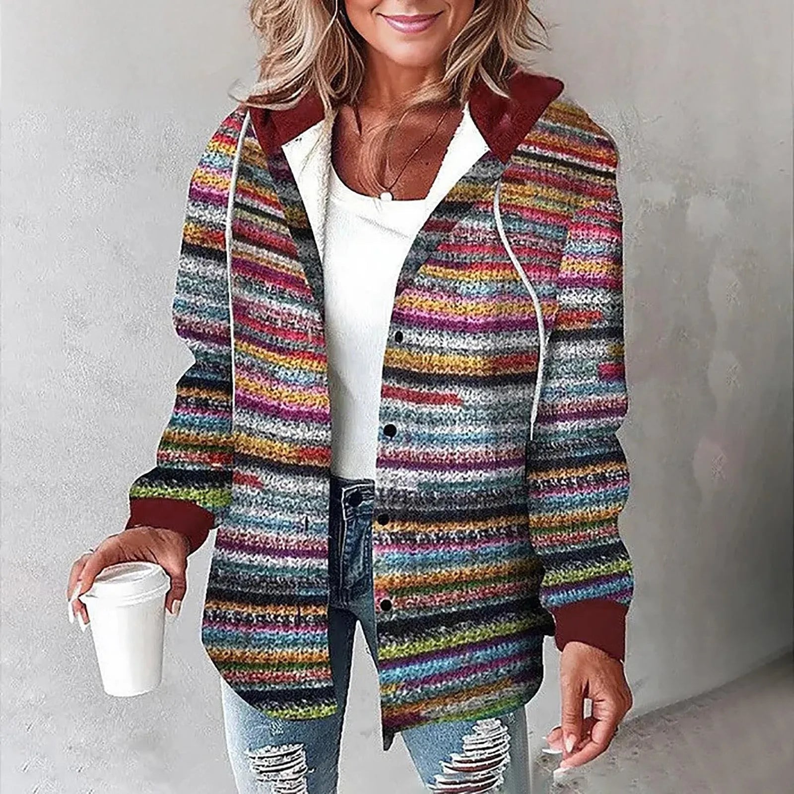 Women's plaid hooded jacket relaxed fit cozy winter warmth in classic timeless pattern