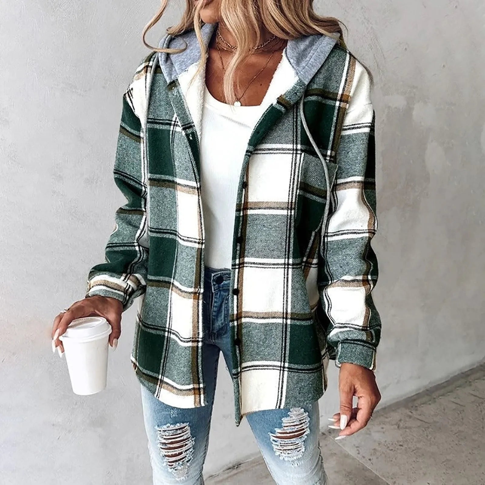 Women's plaid hooded jacket relaxed fit with cozy warmth, timeless pattern for cold days
