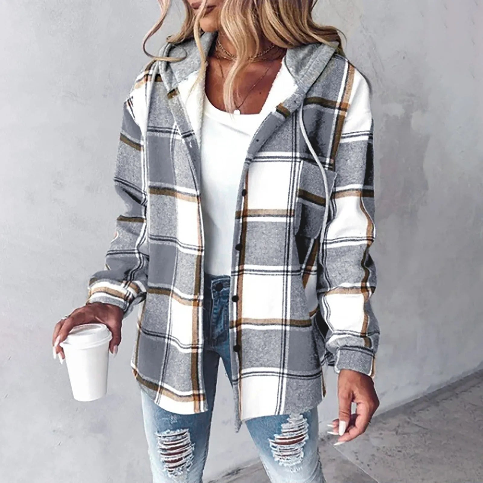 Women's cozy plaid hooded jacket relaxed fit in classic winter tones with timeless pattern