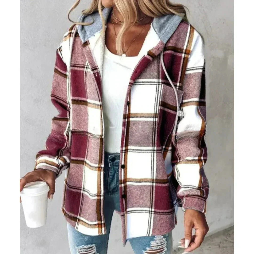 Women's plaid hooded jacket relaxed fit cozy winter style with timeless checked pattern