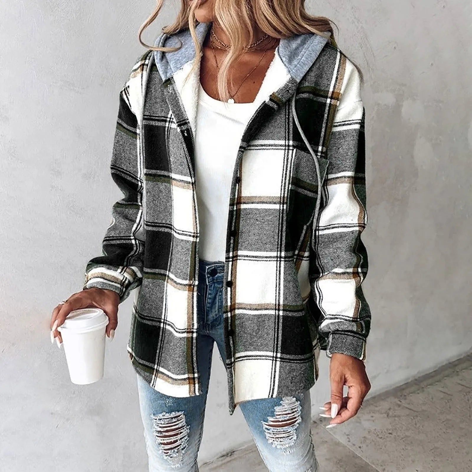 Women's cozy plaid hooded jacket relaxed fit, warm winter casual style with timeless check pattern