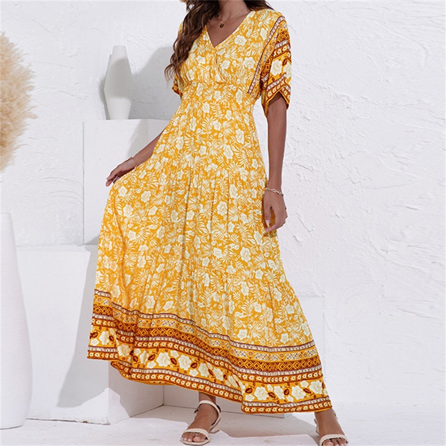 Floral maxi dress women bohemian V-neck loose flowing silhouette vacation-ready vintage-inspired style